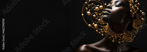 Jewelry fashion banner, woman in luxury creative golden pearls jewels, glamour female african American model with beauty face makeup wearing expensive gold stylish Jewelry on black background. photo