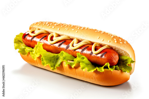 Hot dog with ketchup and mustard on a white background, isolated