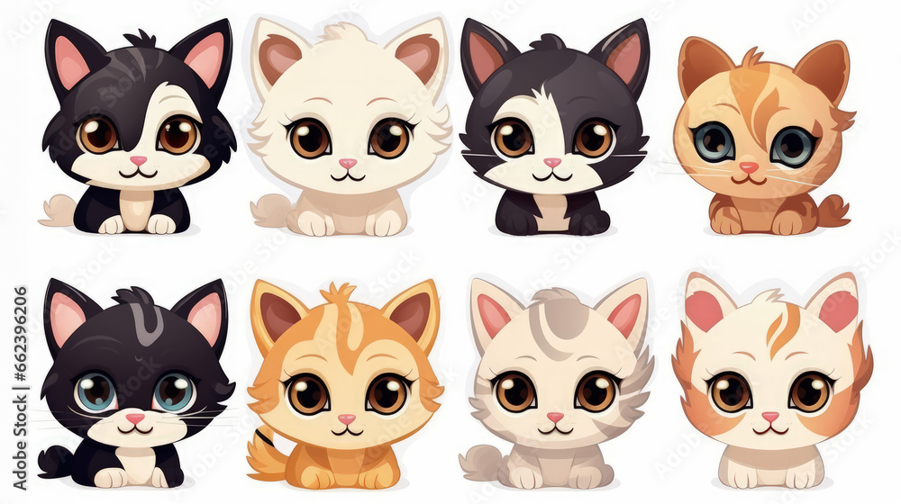 Fototapeta premium Cat portrait stickers with a selection of adorable cat breeds on a clean background.