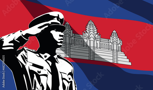 Silhouette of soldier with Cambodia flag on background