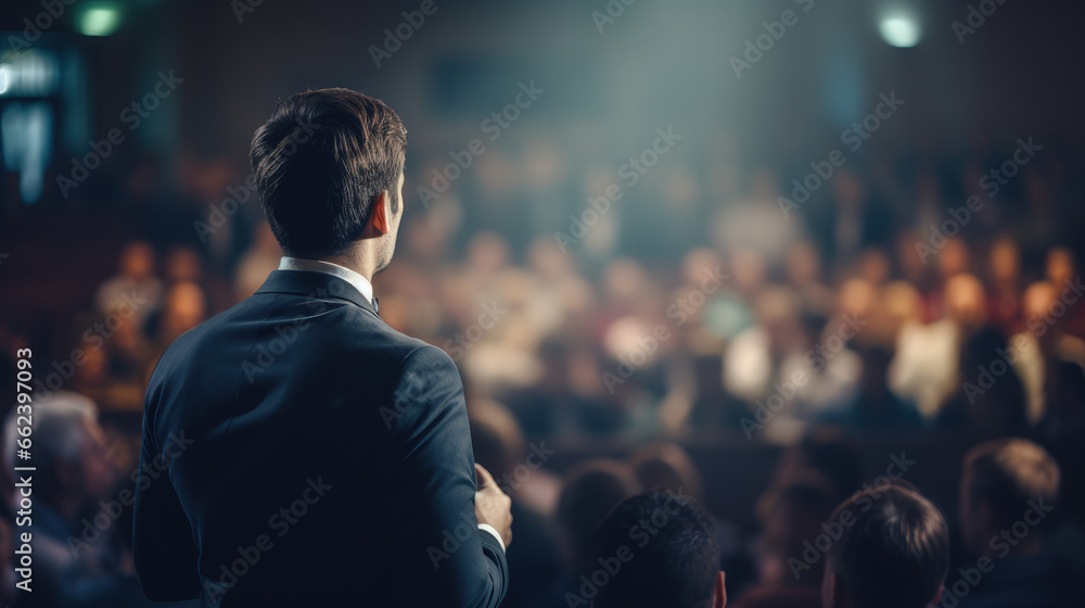 A speaker addressing an audience in an auditorium during a seminar, viewed from behind, showcasing the educational interaction. - obrazy, fototapety, plakaty 