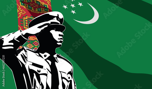 Silhouette of soldier with Turkmenistan flag on background