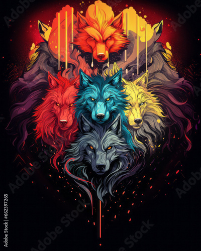 Vibrant Mystic Wolves Wolf Pack Totem Artwork Design