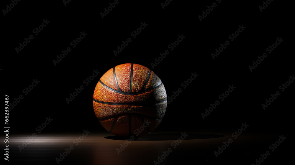An artistic and minimalistic image featuring a dark basketball set against a solid black background, creating a sense of stark contrast and simplicity.