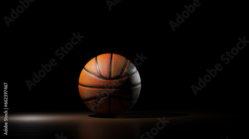 An artistic and minimalistic image featuring a dark basketball set against a solid black background, creating a sense of stark contrast and simplicity.