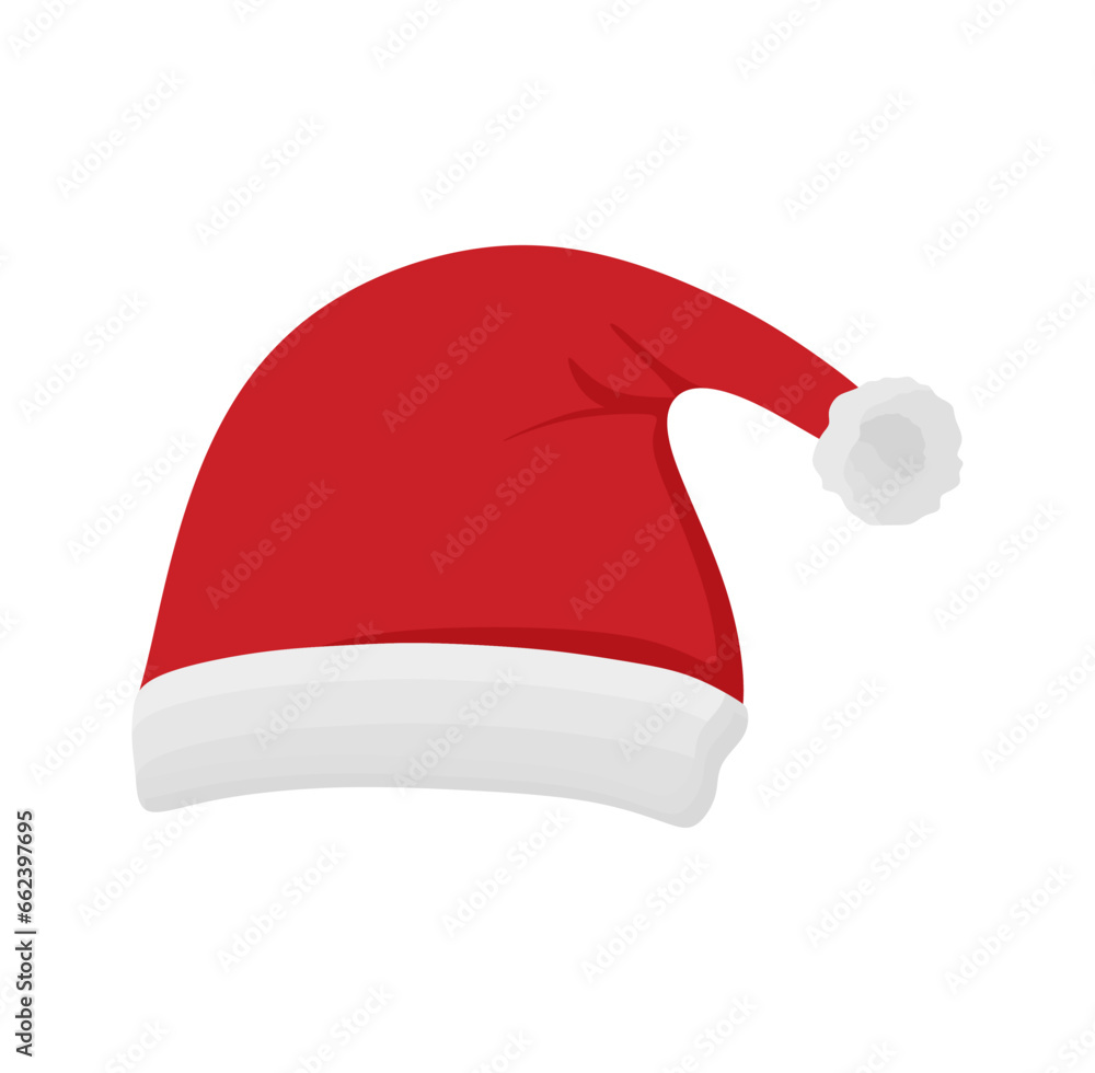 Christmas santa claus hat in flat style isolated on white background. New Year red hat. Holiday cap to xmas and new year. Happy new year and Merry Christmas. Vector illustration Christmas santa claus hat in flat style isolated on white background. New Year red hat. Holiday cap to xmas and new year. Happy new year and Merry Christmas. Vector illustration