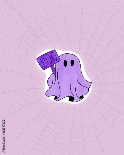 Cute Halloween sticker with a creepy ghost. Happy ghost characters for kids. ...