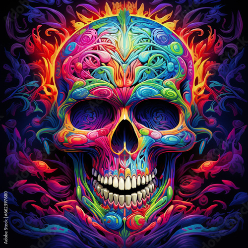 psychedelic human skull colorful generative ai