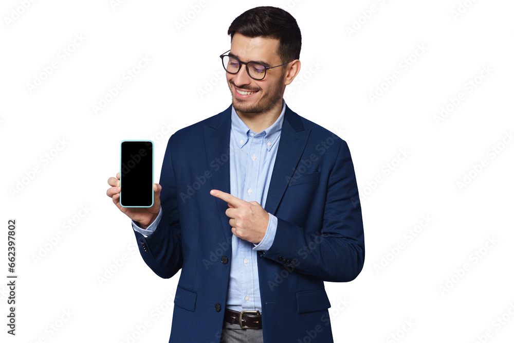 Handsome businessman showing blank phone screen and pointing with finger, copy space for your financial app - obrazy, fototapety, plakaty 