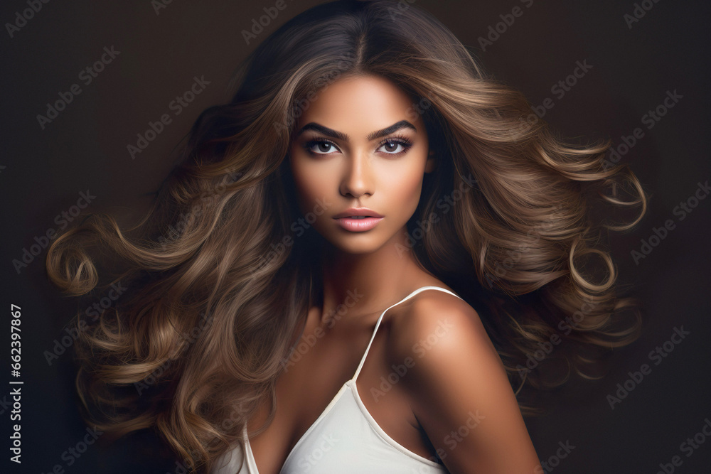 A beautiful afro woman with long  curly hair, brunete brazilian woman, Balayage Promo.