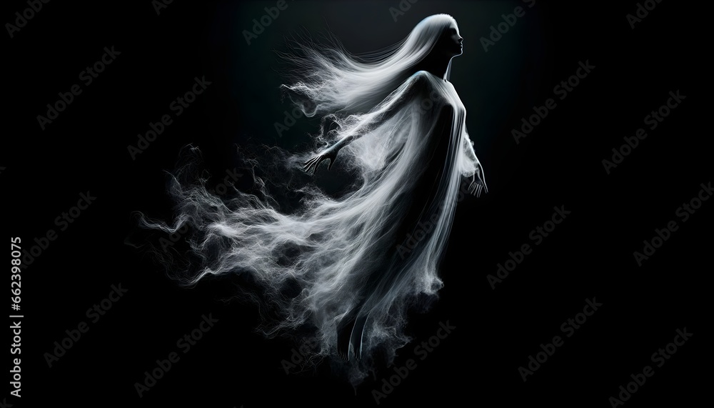 Refined illustration of an ethereal female figure emerging from the smoke, her hair and clothes gently floating in a dark environment, evoking a sense of mystery and grace. Refined illustration of an ethereal female figure emerging from the smoke, her hair and clothes gently floating in a dark environment, evoking a sense of mystery and grace.