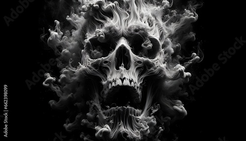 Abstract and spectacular portrait of a demonic face formed by intricate patterns of white smoke on a black background, evoking feelings of mystery and terror.