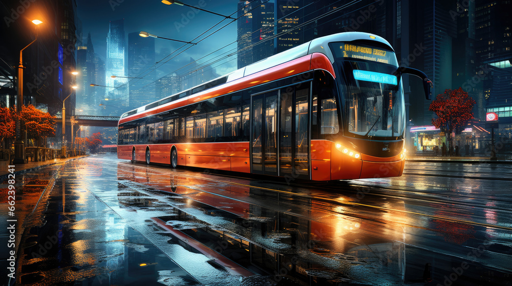 Night tram photo. Lights and illumination reflection during the heavy rain. Night tram photo. Lights and illumination reflection during the heavy rain.