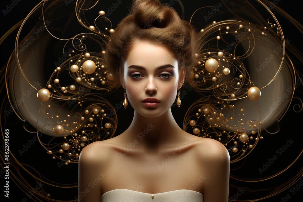 Jewelry fashion, woman in luxury creative golden pearls jewels, glamour female model with beauty face makeup wearing expensive gold stylish Jewelry on black background. - obrazy, fototapety, plakaty 
