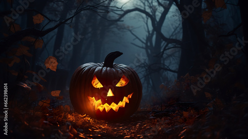 A Halloween pumpkin casts a ghostly light in a spooky forest. Halloween pumpkin in a scene worthy of goosebumps in a mysterious aura of horror tales. photo