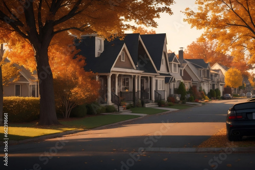 Cottage-lined street in the suburbs on an autumn afternoon. Generative AI photo