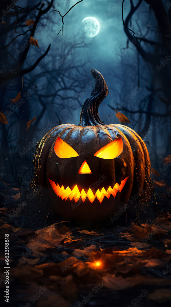 A Halloween pumpkin casts a ghostly light in a spooky forest. Halloween pumpkin in a scene worthy of goosebumps in a mysterious aura of horror tales. A Halloween pumpkin casts a ghostly light in a spooky forest. Halloween pumpkin in a scene worthy of goosebumps in a mysterious aura of horror tales.