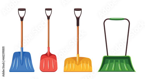 Set Of Snowplow Shovels. Isolated Sturdy Tools Effortlessly Clear Snow And Ice, Making Driveway Safe And Hassle-free