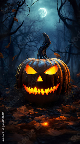 A Halloween pumpkin casts a ghostly light in a spooky forest. Halloween pumpkin in a scene worthy of goosebumps in a mysterious aura of horror tales.
