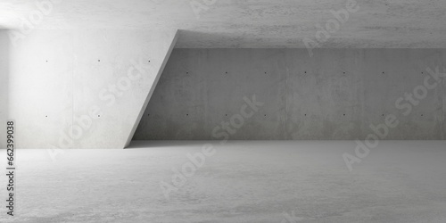 Abstract empty, modern concrete room with sloped double back wall and rough floor - industrial interior background template