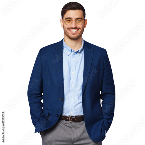 Modern male teacher dressed in blue smart casual suit, wearing trendy glasses photo