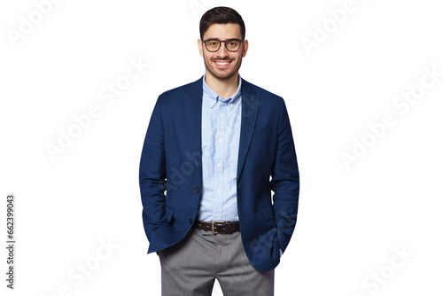 Confident businessman wearing blue suit, smiling at camera