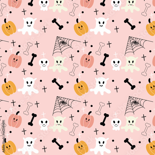 Halloween seamless pattern. Vector illustration of Halloween party. Cute ghosts, spider webs, and pumpkins on a pink background. 