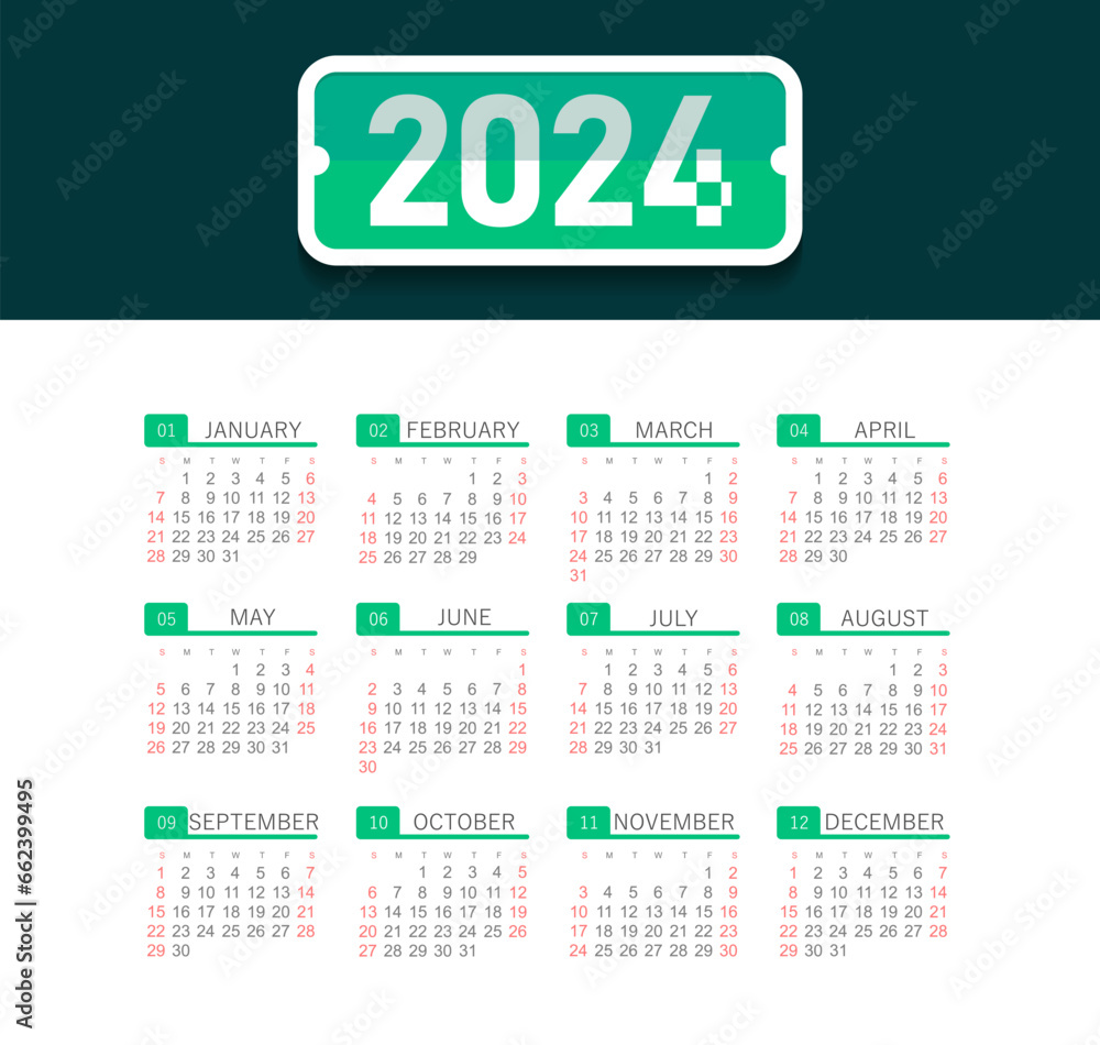 Vector calendar 2024 year. Week starts from Sunday Vector calendar 2024 year. Week starts from Sunday
