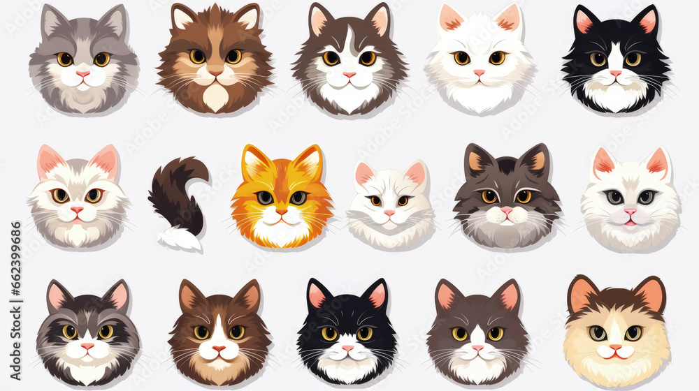 Cat portrait stickers with a selection of adorable cat breeds on a clean background. Cat portrait stickers with a selection of adorable cat breeds on a clean background.
