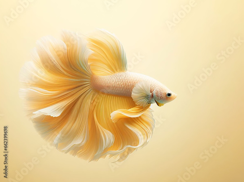 Yellow Betta swims beautifully against a pastel yellow background. AI Generative.