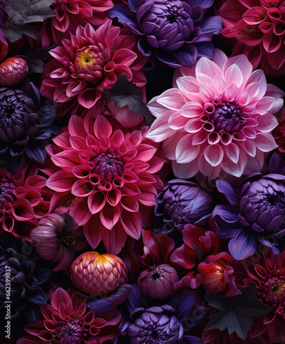 Pink  Dark violet dahlia blooms creating a late fall mosaic.