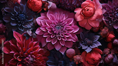 Fototapeta Naklejka Na Ścianę i Meble -  Dark violet dahlia blooms creating a late fall mosaic.