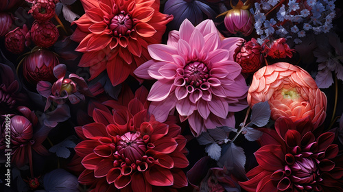Late autumn arrangement featuring a variety of dark violet dahlia blooms.