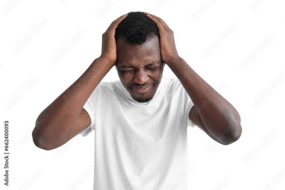 Young african american man suffering from headache, holding head with hands Young african american man suffering from headache, holding head with hands