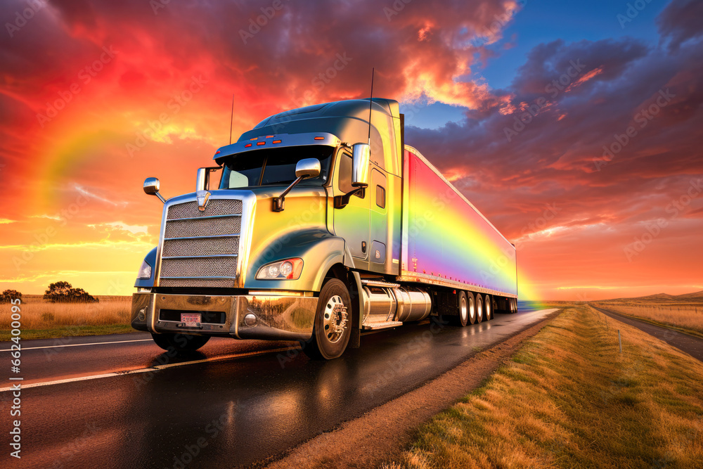 Truck on the road with a rainbow in the sky.