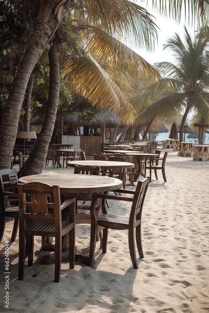 outdoor restaurant on the beach with table and chairs