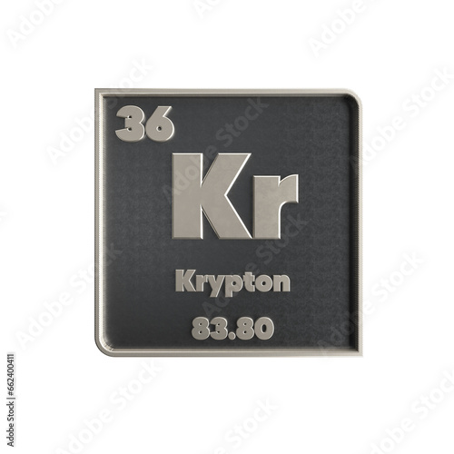 krypton chemical element black and metal icon with atomic mass and atomic number. 3d render illustration.