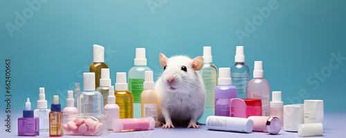 Laboratory white rat surrounded by cosmetics, creams, drugs, and medical products. Animal experimentation and testing concept.