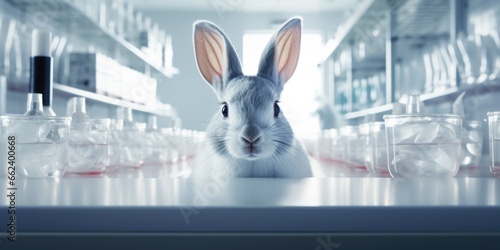 Rabbit inside a white pharmaceutical laboratory looking to the camera. Animal experiments testing representation for cosmetics and medical products. photo