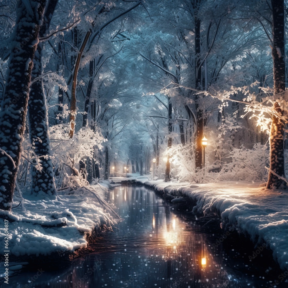 winter forest in the evening