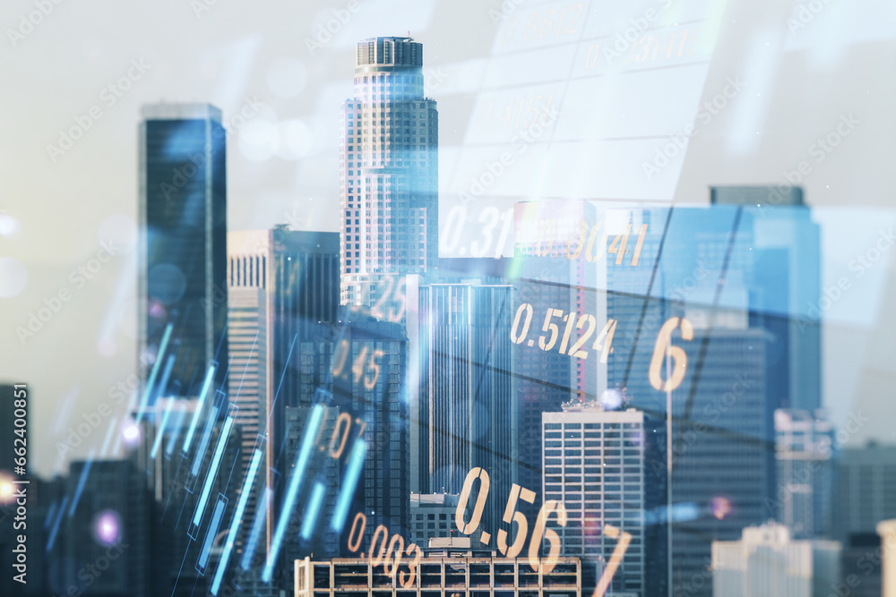 Multi exposure of virtual abstract financial graph interface on Los Angeles cityscape background, financial and trading concept