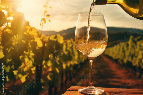 Pouring white wine into glass on vineyard background at sunset. Generative AI