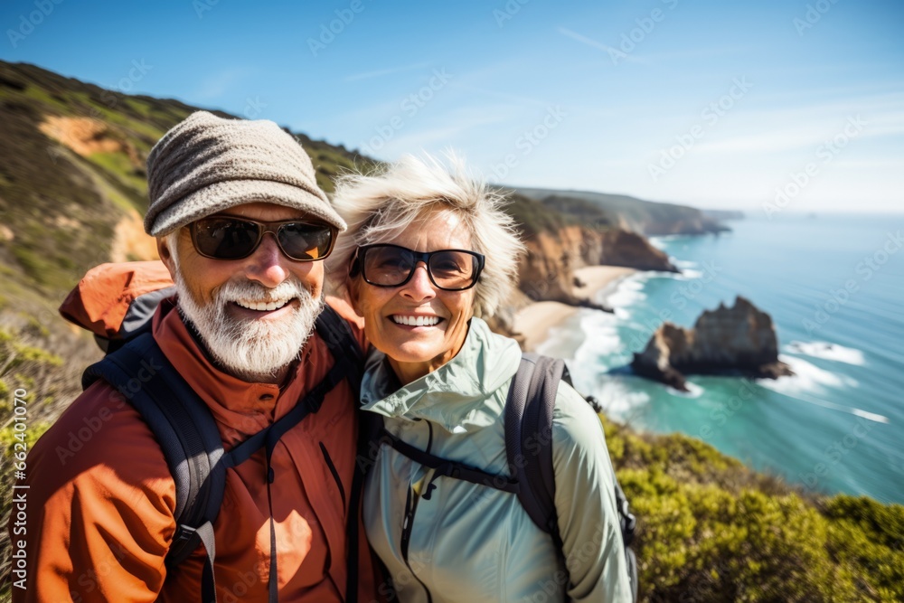 Senior couple on tourist sports walk on nature background