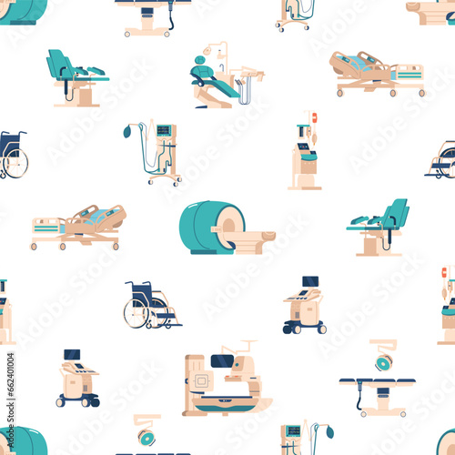 Seamless Pattern With Cutting-edge Medical Equipment, And Devices Ensure Accurate Diagnoses And Treatment