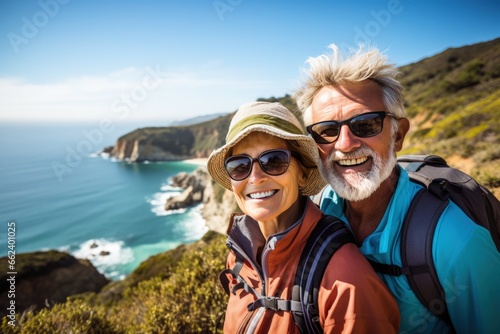 Senior couple on tourist sports walk on nature background
