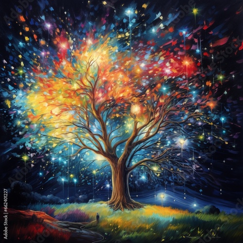 The stars of the silent summer night are shining on the tree branches Ai generated art