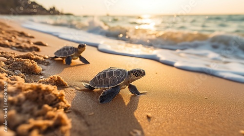 turtles walking into the sea photo