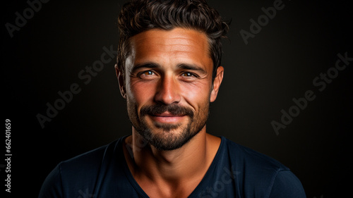 close up of a handsome young man with a dark background.