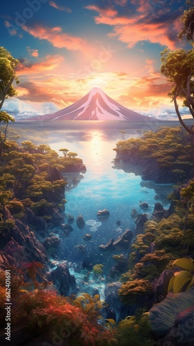 Tropical landscape with colorful islands volcano Ai generated art