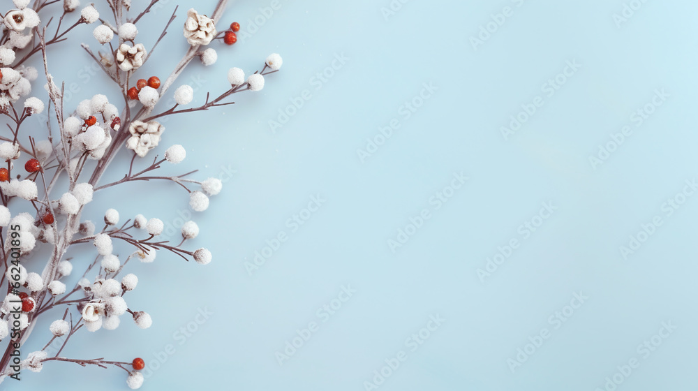 Christmas or winter composition on a pastel background. Christmas, winter, new year concept. Flat lay, top view, copy space. ai generative